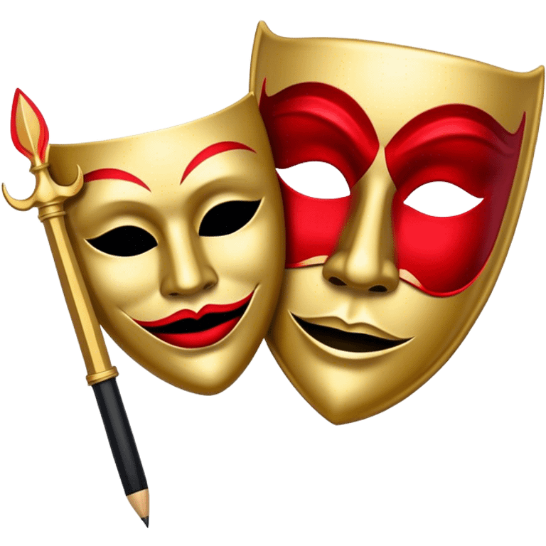 Create a bold and dramatic emoji representing the art of playwriting. The design should feature an open script or a theater playbook, with stylized text lines or dramatic dialogue inside. Include elements like a theatrical comedy and tragedy masks, a stage spotlight, or a writting quill to symbolize creativity and performance. Use deep, contrasting colors like red, black, and gold to evoke the intensity and passion of drama. The overall design should feel dramatic, inspiring, and artistic. Make the background transparent. emoji