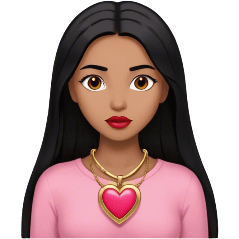 Woman,Medium brown skin,super long black straight hair, medium brown arched eyebrows, full lashes, red nude lips, gold heart locket, pink shirt emoji