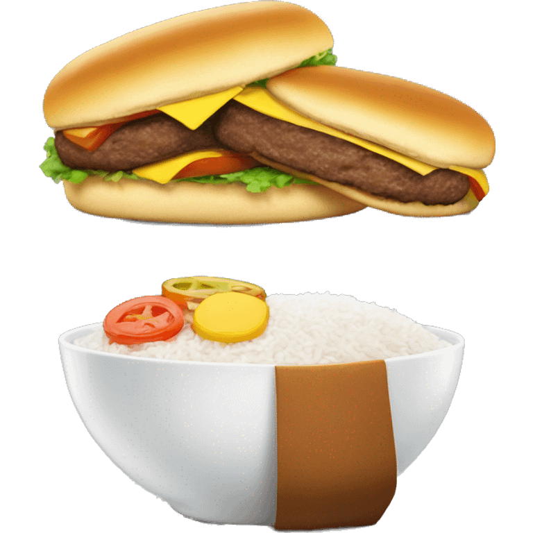 Burger patty next to a bowl of white rice  emoji