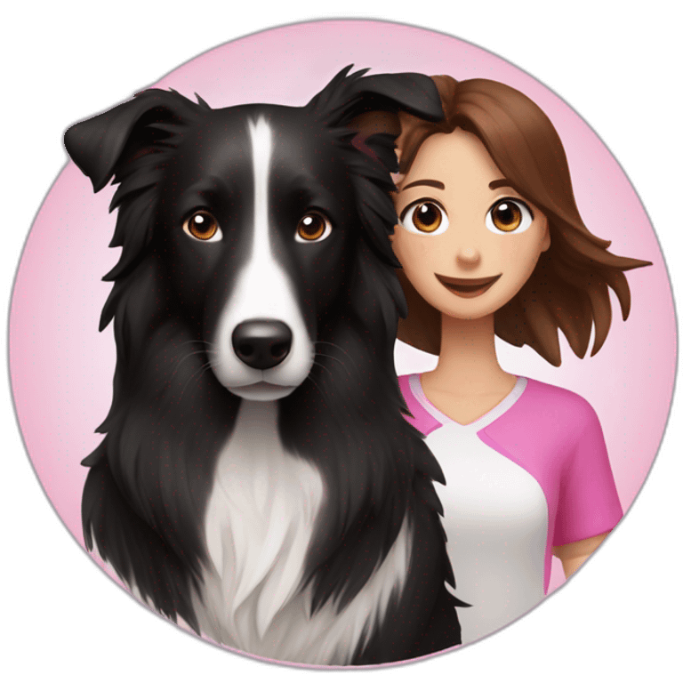 black border collie and woman with long brown hair with pink ends emoji