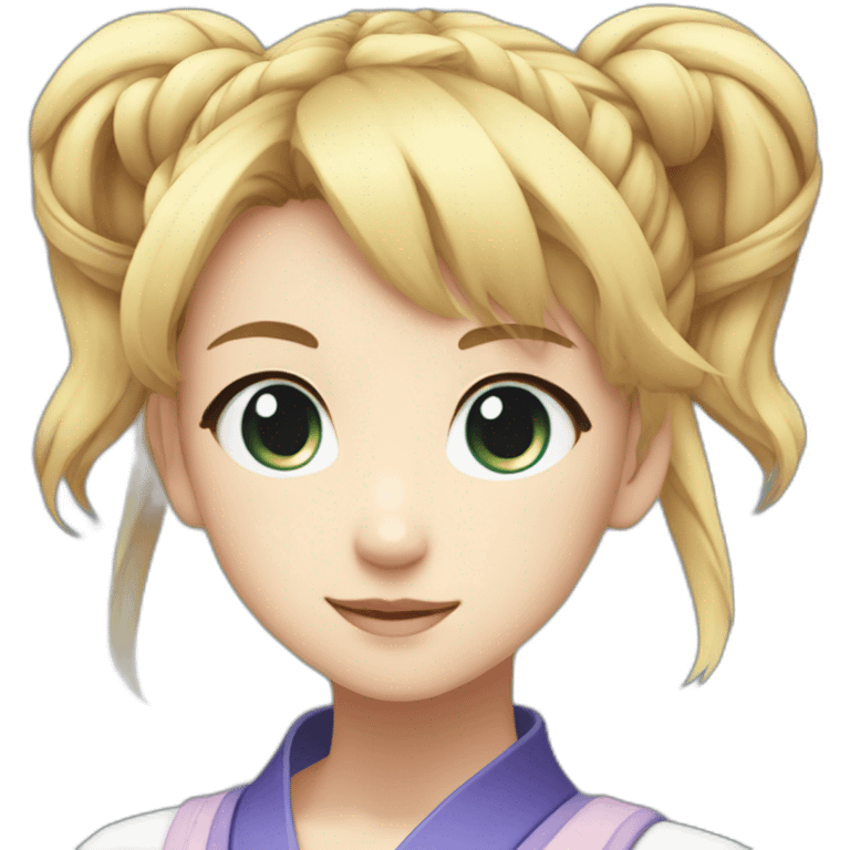 Japanese anime-inspired young girl with radiant golden blonde hair tied in a ponytail and mesmerizing azure eyes emoji