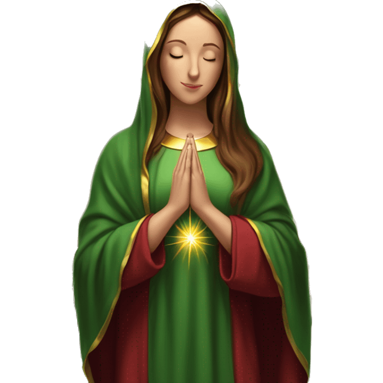 Virgin Mary: kind face looking down at the left, long brown hair, Wearing an emerald green  robe with gold stars and a burgundy red dress,  Hands in prayer or blessing. Halo around her head. standing in front of a big sun. colorful roses on the sides  emoji