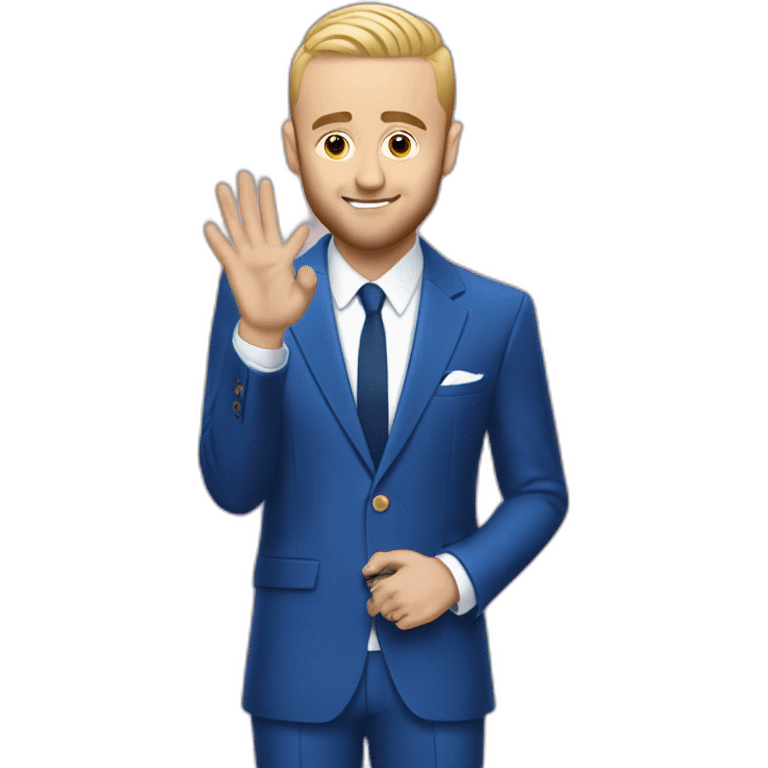 mac miller waving his hand with a blonde comb over skin fade wearing a blue suit emoji