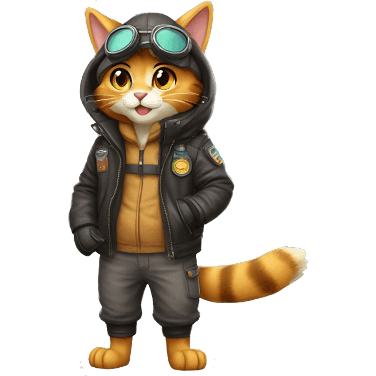 Anthro Fur-Sona feline-Fakémon with an aviator jacket gloves and cap Full Body emoji