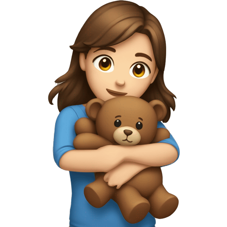 Girl with Brown hair and Brown eyes hugging a Brown teddy bear emoji