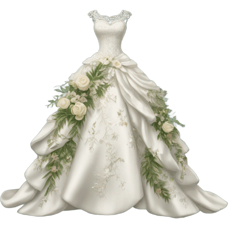 Hyper Realistic ornate 
Botanical Wedding dress displays emoji