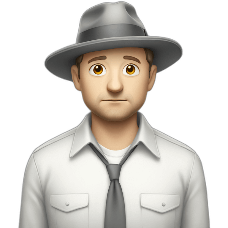 tim robinson wearing a grey fedora with a grey flap on the back white shirt looking sad emoji