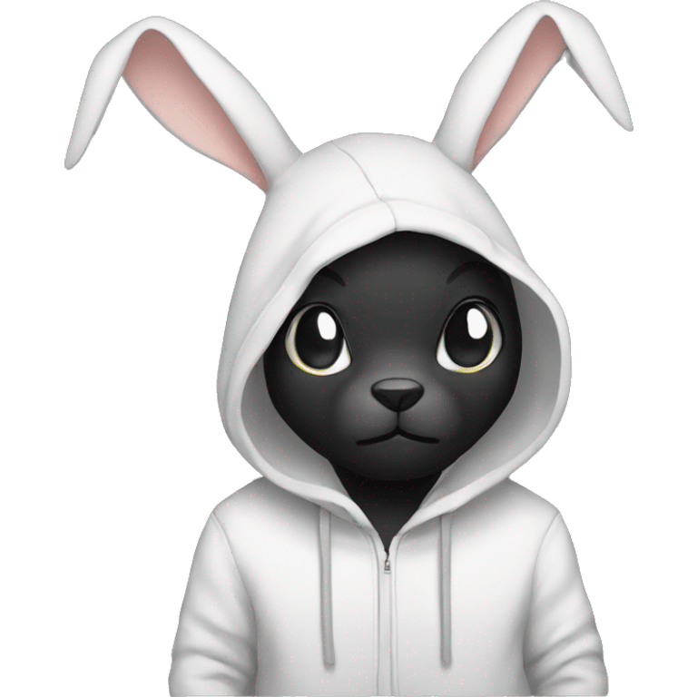 white rabbit wearing black hoodie with skull mark emoji