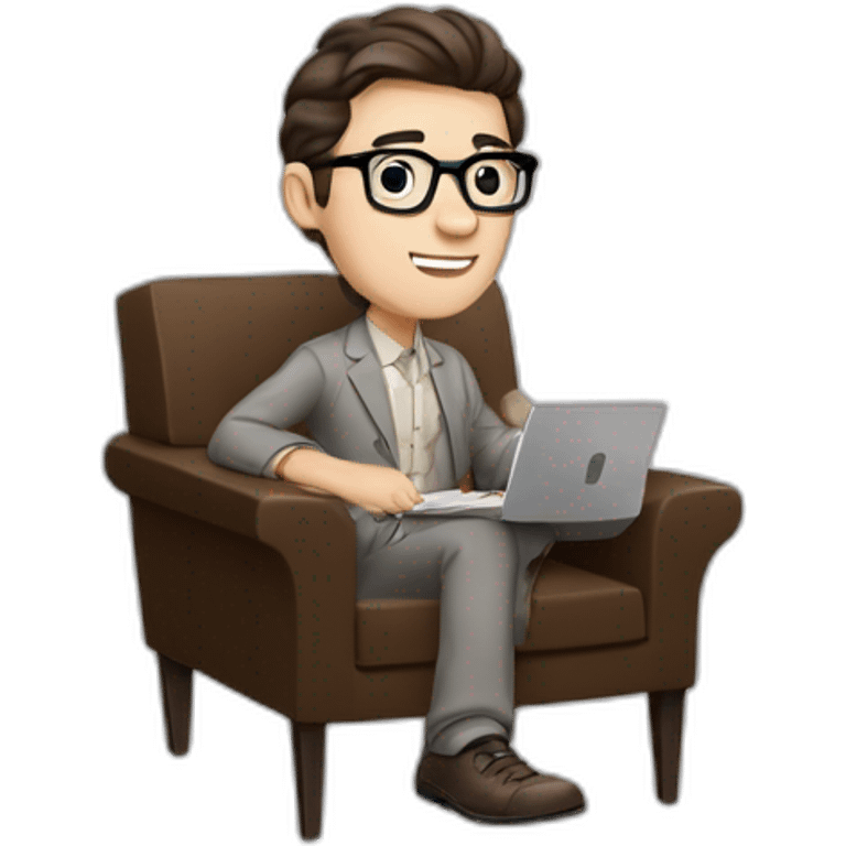 Pale skinned Fit Man With dark brown hair in gray jacket, beige office shirt, Brown pants and vintage glasses sitting In a soft chair with a notebook with emblem Ψ and a pen in his hands emoji