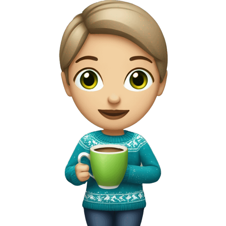 Light brown short haired girl with green eyes drinking coffee wearing blue Christmas sweater emoji