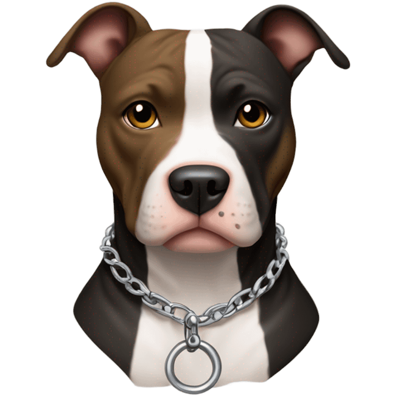 American pitbull terrier with a black and brown striped coat and white down middle of his face and chest. He has a silver chain link collar emoji