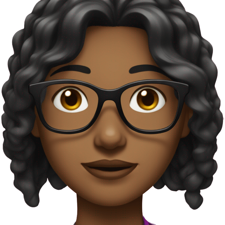 Girl with long wavey black hair and brown skin and brown eyes with black glasses trimmed in fuschia emoji