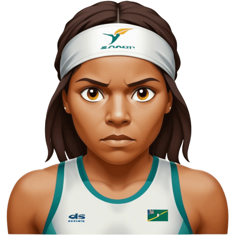 Cinematic Realistic portrait of Cathy Freeman, shown as an iconic Australian athlete with a focused, determined expression and modern athletic attire accented with subtle native motifs, rendered in dynamic, vibrant lighting emoji