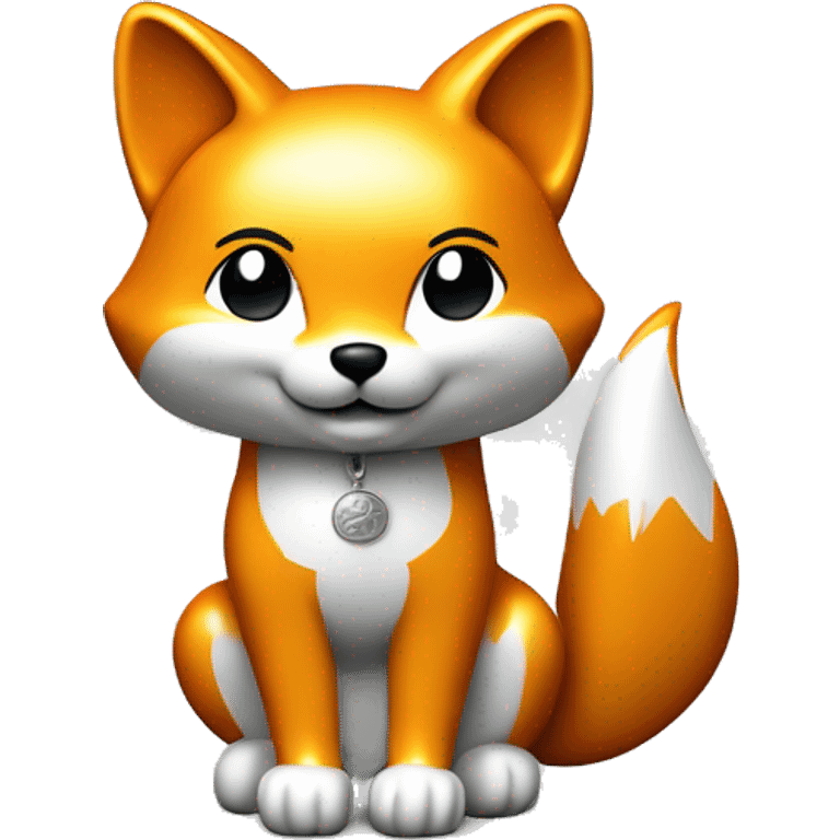 Fully chromed Maneki Neko-style fox statue in iOS emoji style, with smooth, rounded edges, reflective surface with soft light reflections. Minimalist features like the tail, raised paw, and coin. Plain white background to emphasize the chrome texture. emoji