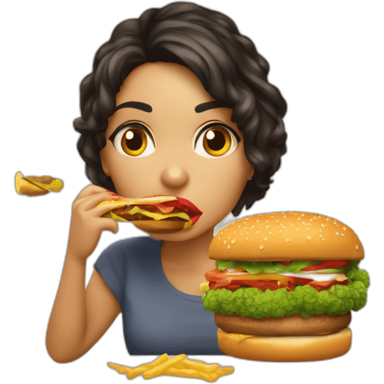 Chica morena y labios rojos comiendo amburguesa no le gusta el brócoli emoji