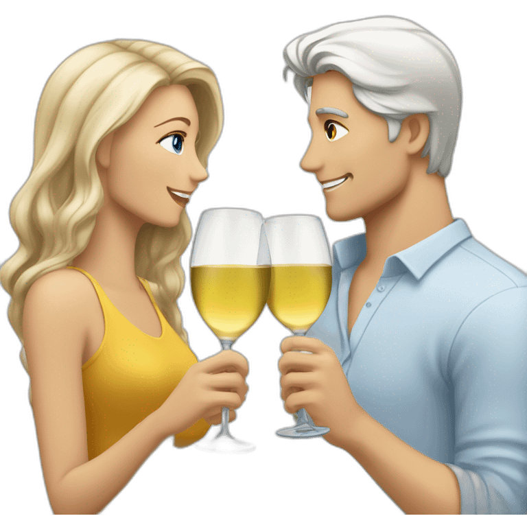 A white female with brown eyes and blond medium long hair and a white male with blue eyes and grey hair, they toast to each other with a glass of white wine. emoji