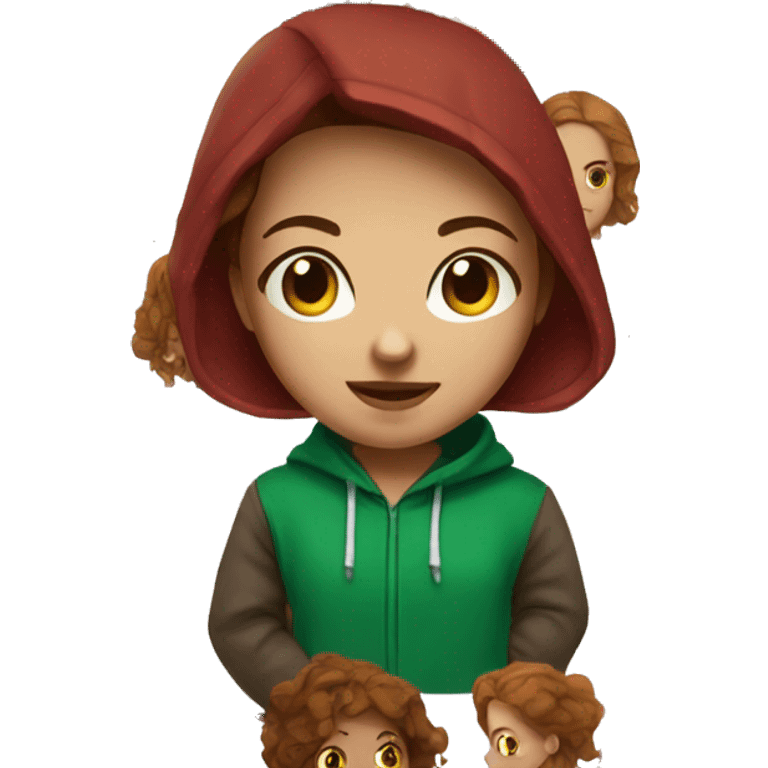 Girl with Dark red hair, brown eyes , emerald green hoodie  emoji