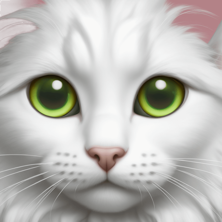 Fluffy white Turkish van cat with gray spot on next to one ear and green eyes emoji