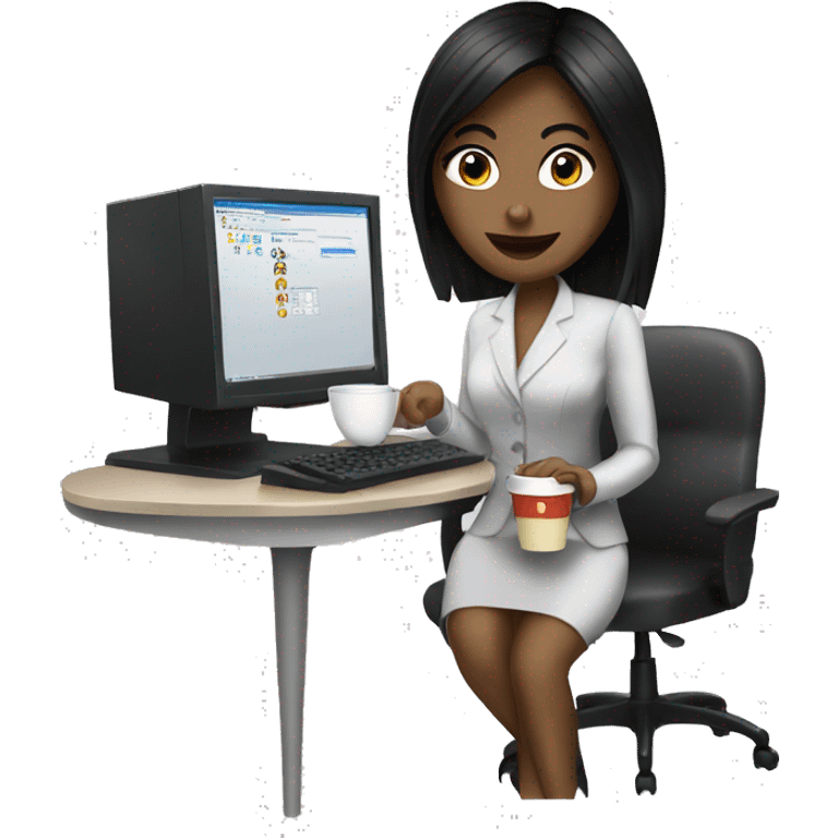 Secretary black hair computer and drinking coffee emoji