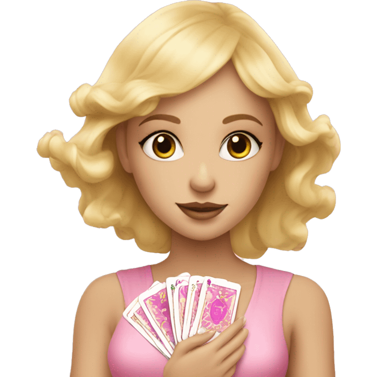 Blonde beautiful girl with pink pink tarot gold cards emoji