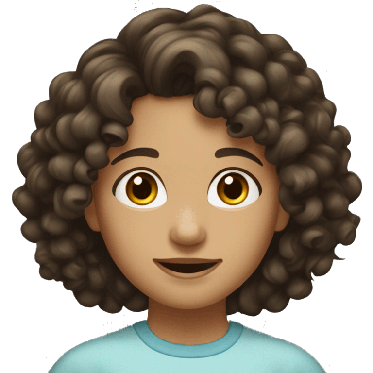 Curly dark-haired girl, shoulder-length hair. Hair brown, neat nose, small forehead, positive emoji