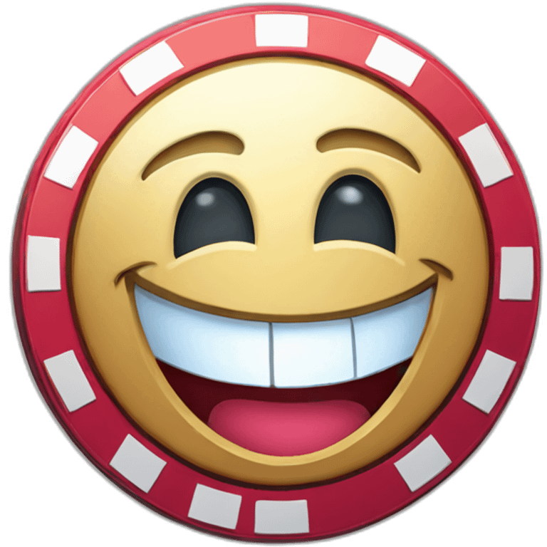 a casino chip mascot with cartoon happy face emoji