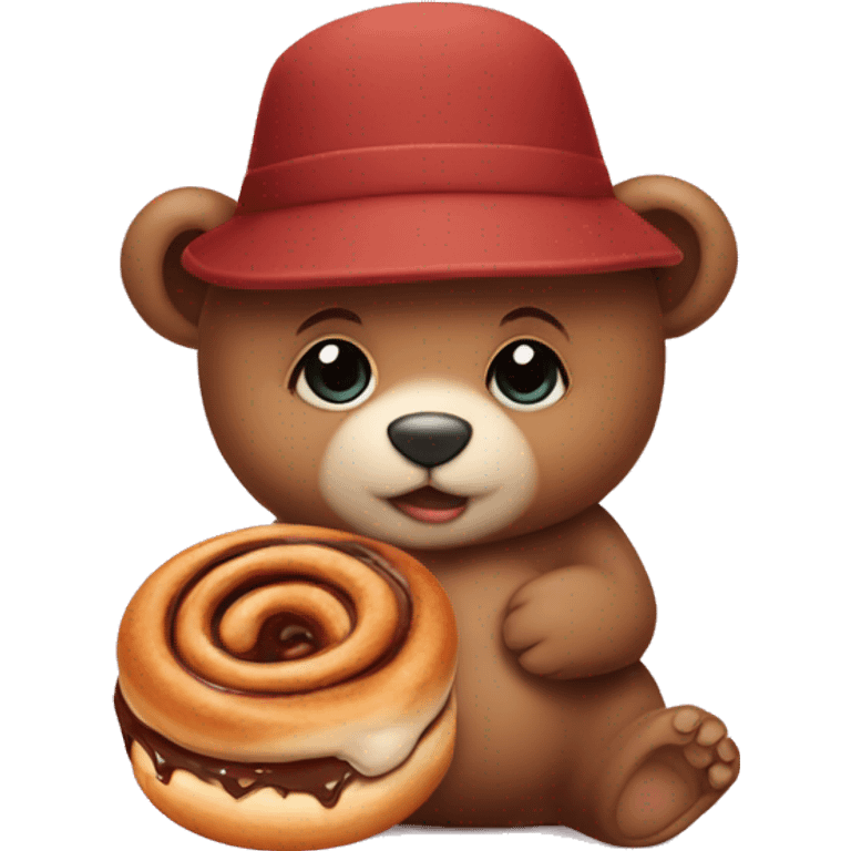 Baby bear in a hat holding a cinnamon bun emoji