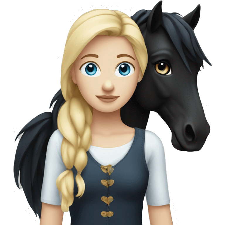 blonde girl with blue eyes and her black horse emoji