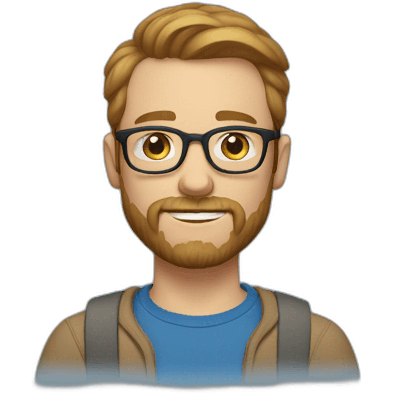 man with short light brown hair, beard and mustache and glasses, blue eyes, blue t-shirt with hands emoji