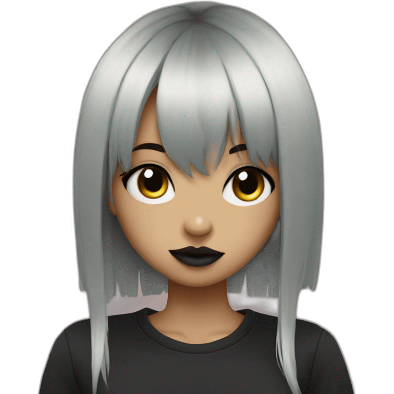 Emo girl with black strait hair with bangs and piercings on her septum and middle lip emoji