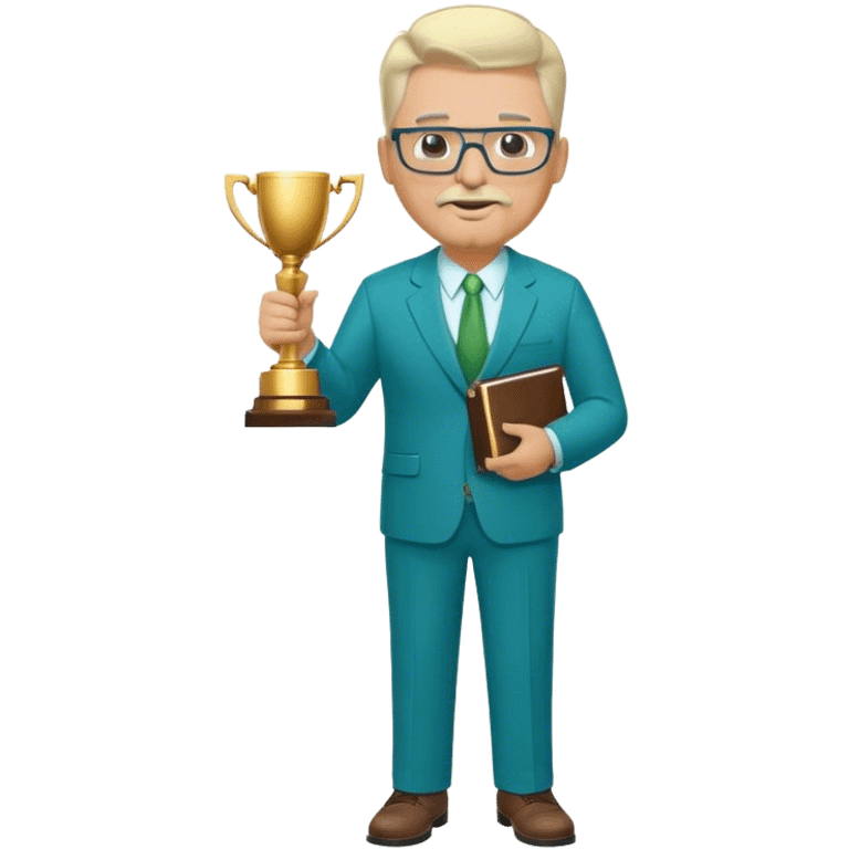 Full Body white middle aged male plus size wearing glasses with a goatee with light blonde and gray very short hair basketball head Coach in blue and green suit holding trophy emoji