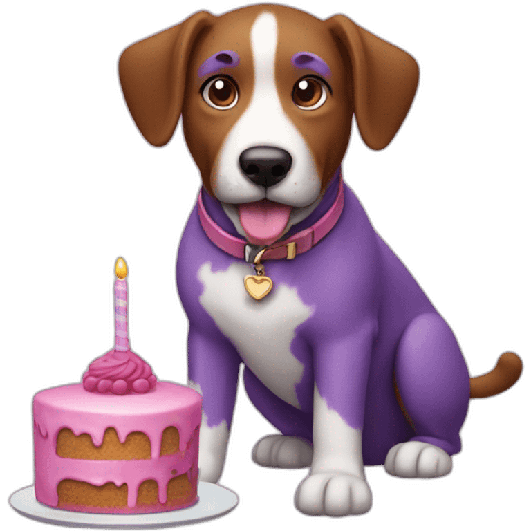 a purple dog with a brown nose and a pink collar with a bone eat cake emoji