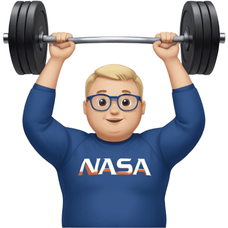 happy chubby man, lifts weights over the head,  blond short and hight receding hairline, wearing a dark blue sweatshirt, nasa logo on the sweatshirt, round glasses without frame, 40 years old emoji