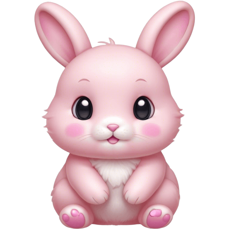 Cinematic adorable pastel pink bunny, chubby cheeks, tiny paws, sparkling round eyes, soft fur with a gentle glow, slightly tilted head, wearing a tiny bow, irresistibly cute and heartwarming. emoji