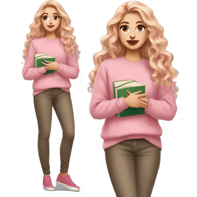 White girl pink sweater pink lipstick green eyes gold earrings pink nails reddish golden wavy long hair full body holding books emoji