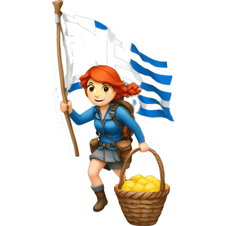 red hair female winter mountaineer climbing Easter basket and Greek flag emoji