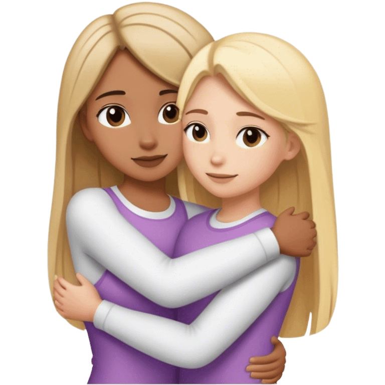 Girl with short straight brown hair hugging a girl with long blonde hair emoji