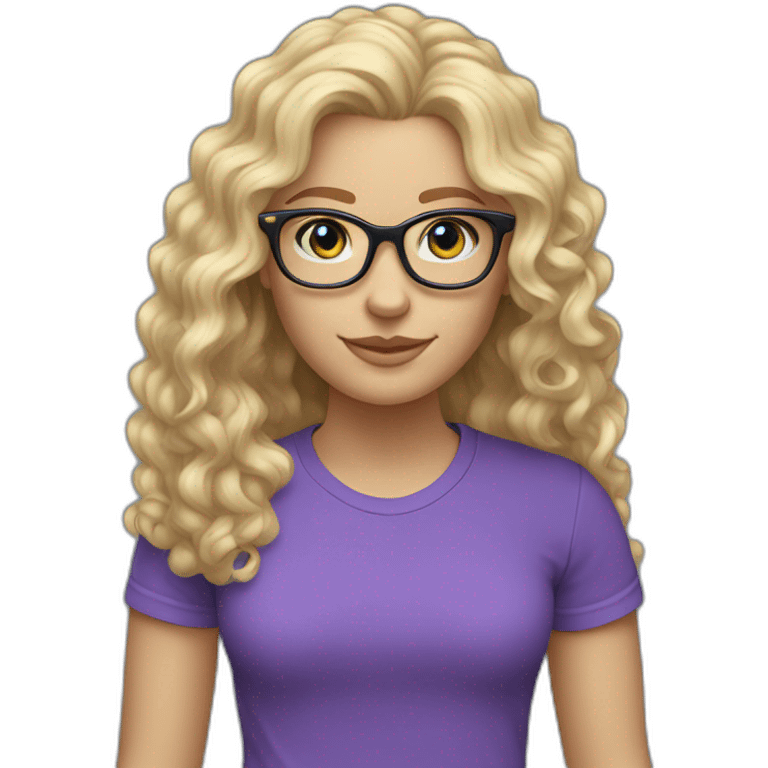 caucasian curly blonde long haired blue eyes woman purple t-shirt black glasses emoji