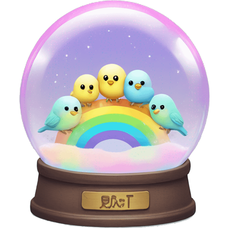 Kawaii rainbow pastel family of birds in neon snow globe  emoji