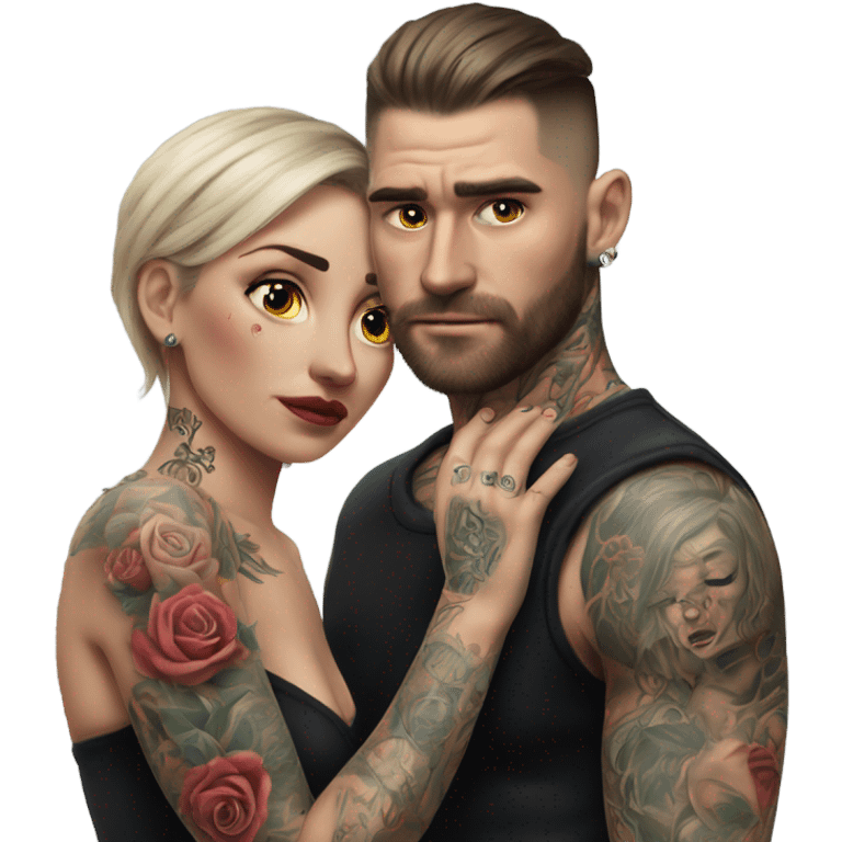 Hyper Realistic Beautiful tattooed woman crying in the arms of a handsome tattooed man  emoji