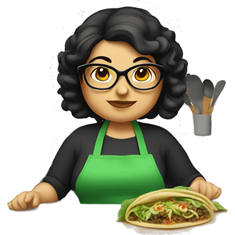 chubby lady with black hair green apron  with glasses cooking tacos emoji