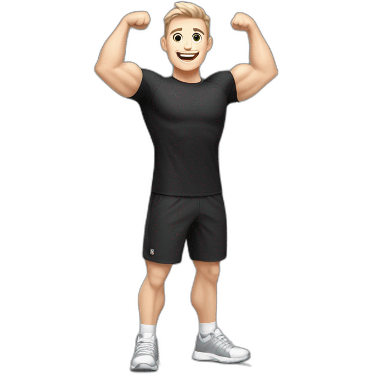 Joyful Celebrating victory Pale skinned Fit Man With the biceps and dark brown hair in black shirt, gray sports shorts and white Sneakers emoji