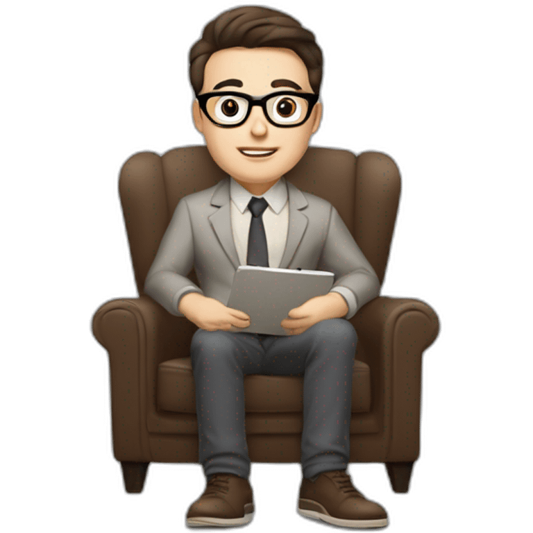 Pale skinned Fit Man With dark brown hair in gray jacket, beige office shirt and vintage glasses sitting In a soft chair with a notebook with emblem Ψ and a pen in his hands emoji