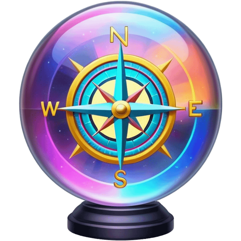 A glowing holographic compass with vibrant neon colors inside a crystal-clear sphere emoji