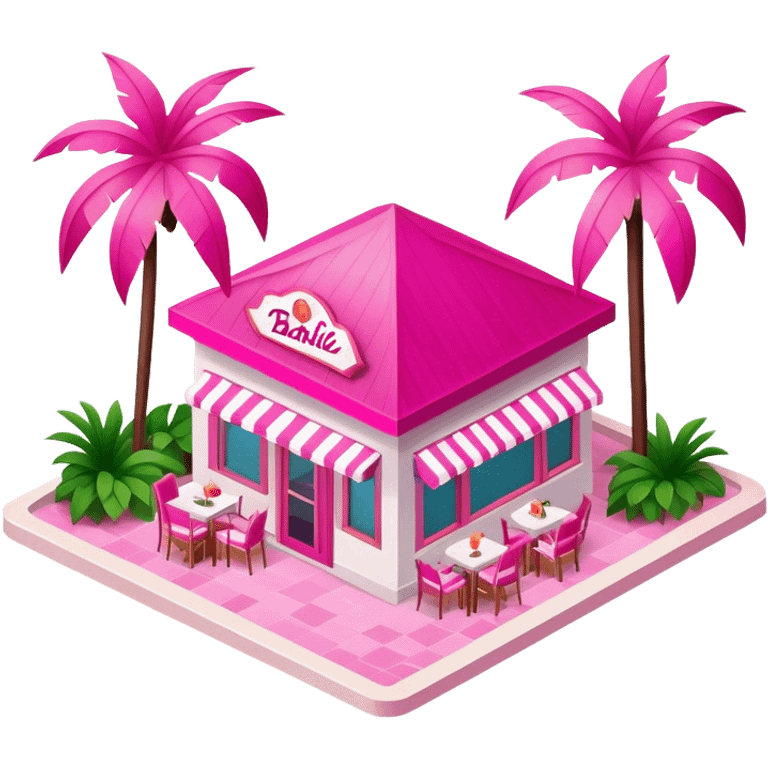 Hot pink Barbie tropical beach club restaurant, isometric exterior  emoji