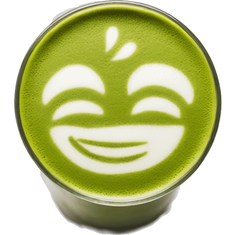 matcha latte in a clear glass with latte art emoji