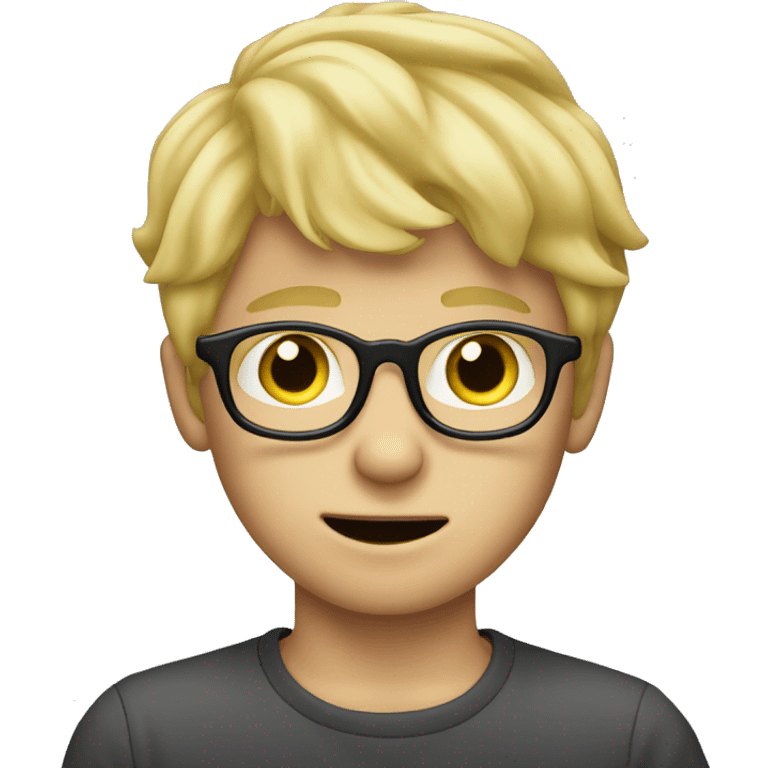 Blonde boy with glasses with his finger in front of his face and pointing at his jaw emoji