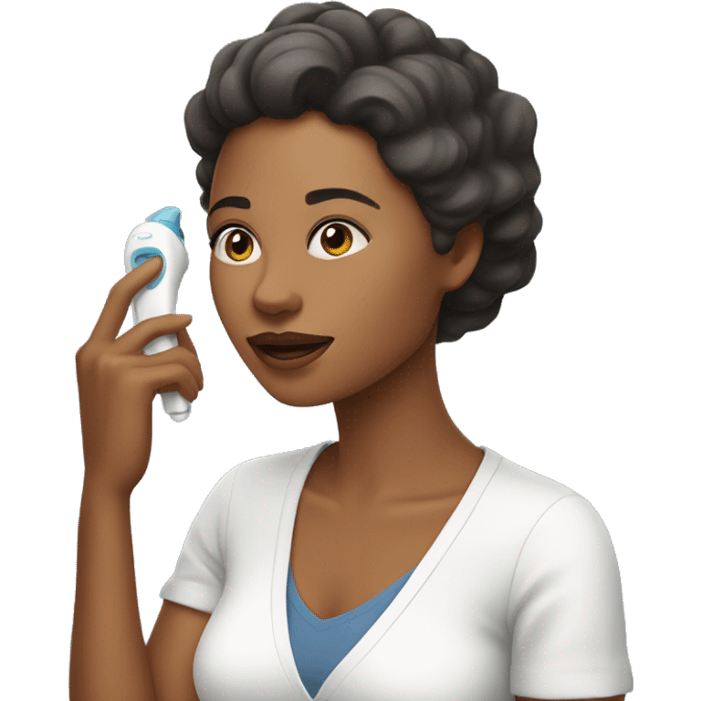 a woman caring her's skin with device emoji