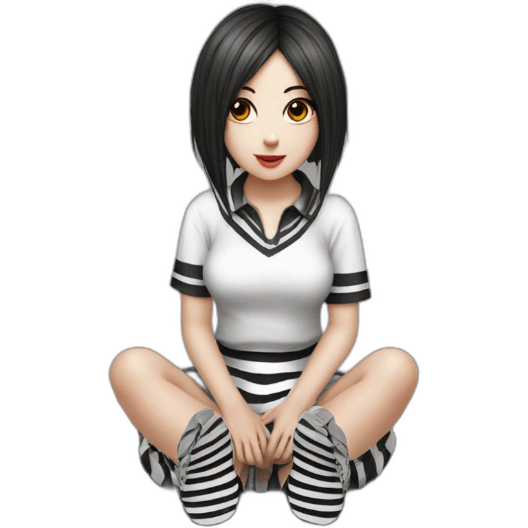 Hyperrealistic Frontal view curvy emo girl sits white skirt striped stockings hands up emoji