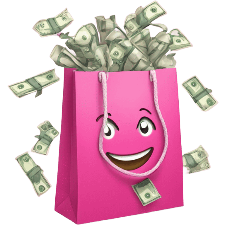 Multiple pink shopping bags with sparkles and money notes around them emoji